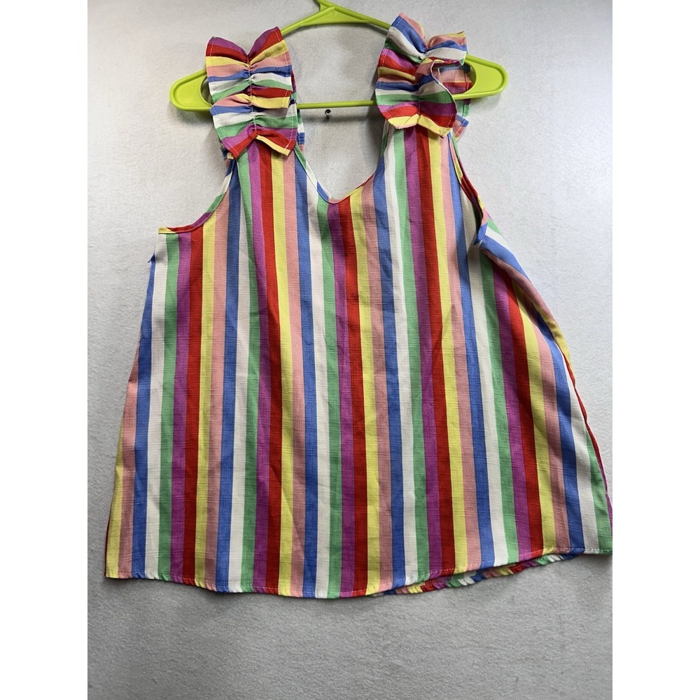 Entro Womens Multicolor Striped V-Neck Sleeveless Tank Top w/ Ruffle, Medium
